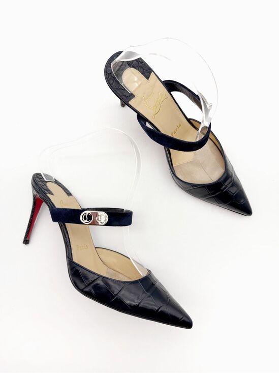 Christian Louboutin Shoes - CHRISTIAN LOUBOUTIN Choc Lock Navy Blue Slide Size 37.5 US 7 Leather Heel Mule